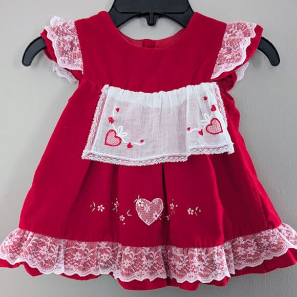 Vintage Toddler Baby Girls Red Velvet Dress Lace Trim Size 2T - Picture 1 of 6